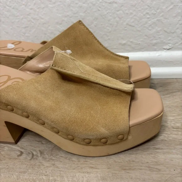 New Sam Edelman Josselyn Tan Suede Platform Wooden Mules Clogs Size 10.5 - Picture 3 of 7